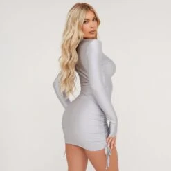 EGO Ruched Side Detail Mini Bodycon Disco Skirt In Silver -Sperrryego Store 06 02 23 emily54264 s