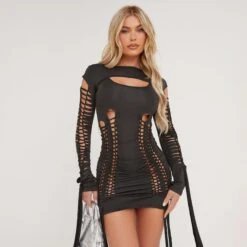 EGO Long Sleeve Ladder Detail Double Layered Mini Bodycon Dress In Black Slinky -Sperrryego Store 06 02 23 emily54648 s