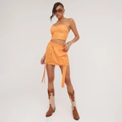 EGO High Waist Pocket Strap Detail Cargo Mini Skirt In Orange