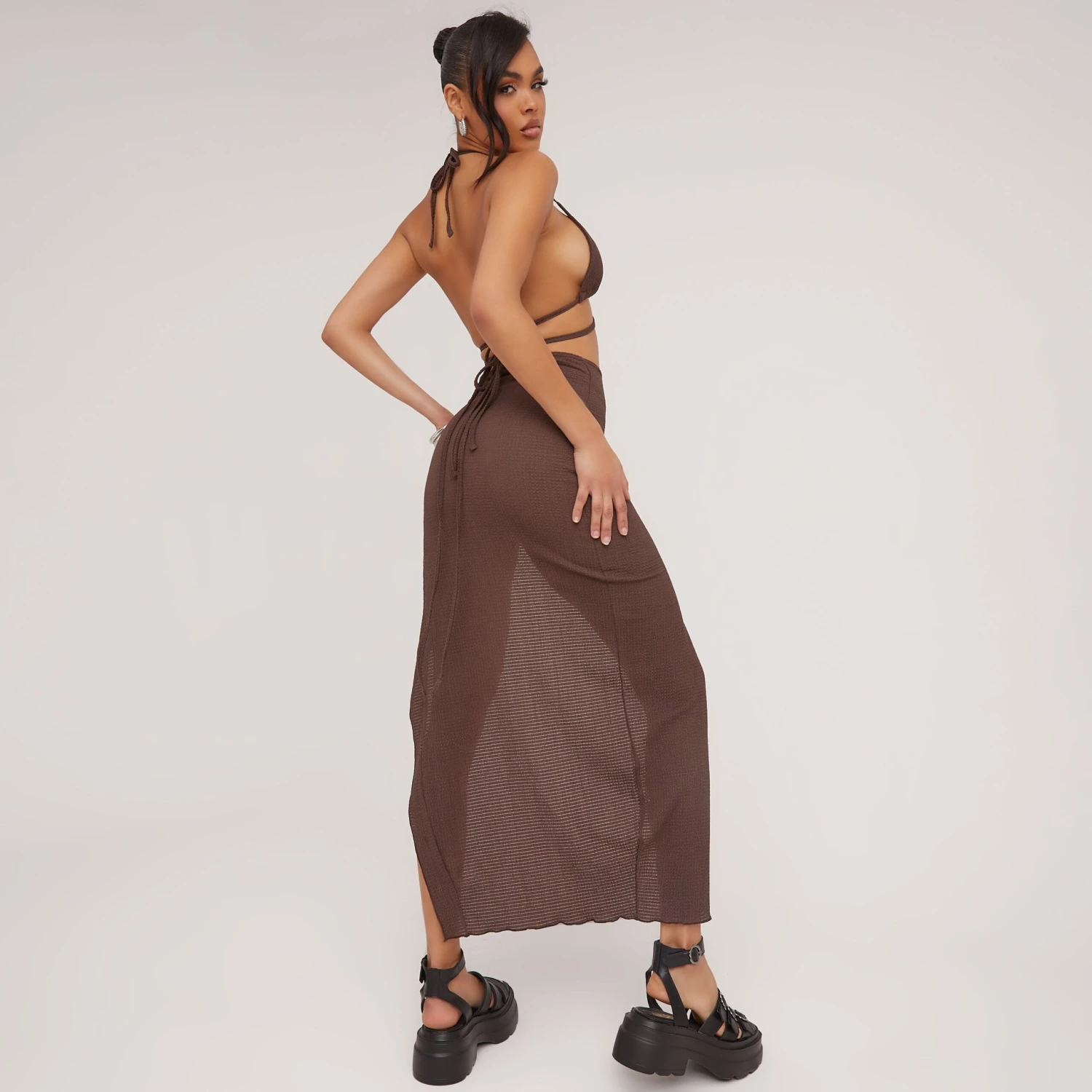 EGO Ring Detail Side Split Maxi Skirt In Brown Textured Fabric 6 EGO Ring Detail Side Split Maxi Skirt In Brown Textured Fabric - Image 4
