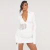EGO Long Sleeve Plunge Neck Corset Waist Draped Detail Blazer Mini Dress In White -Sperrryego Store 06 07 23 jul79864 sq
