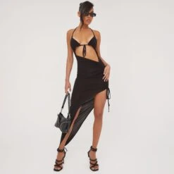 EGO Tie Front Cut Out Ruched Detail Asymmetric Dress In Black Slinky