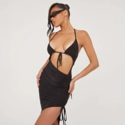 EGO Tie Front Cut Out Ruched Detail Asymmetric Dress In Black Slinky 9 EGO Tie Front Cut Out Ruched Detail Asymmetric Dress In Black Slinky -Sperrryego Store 06 07 23 jul80722 sq