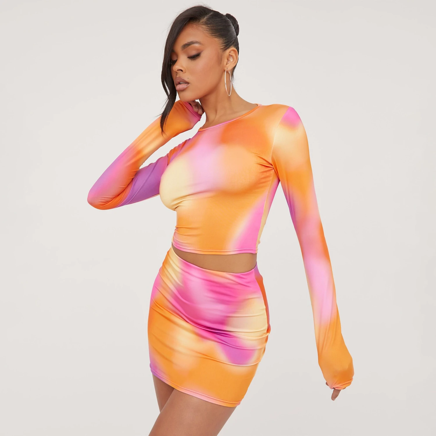 EGO Mini Bodycon Skirt In Orange Ombre Print Slinky 4 EGO Mini Bodycon Skirt In Orange Ombre Print Slinky - Image 2