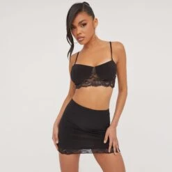 EGO Strappy Lace Trim Detail Bralet In Black Slinky