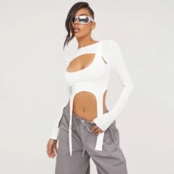 EGO Long Sleeve Double Layered Crop Top In Cream Slinky