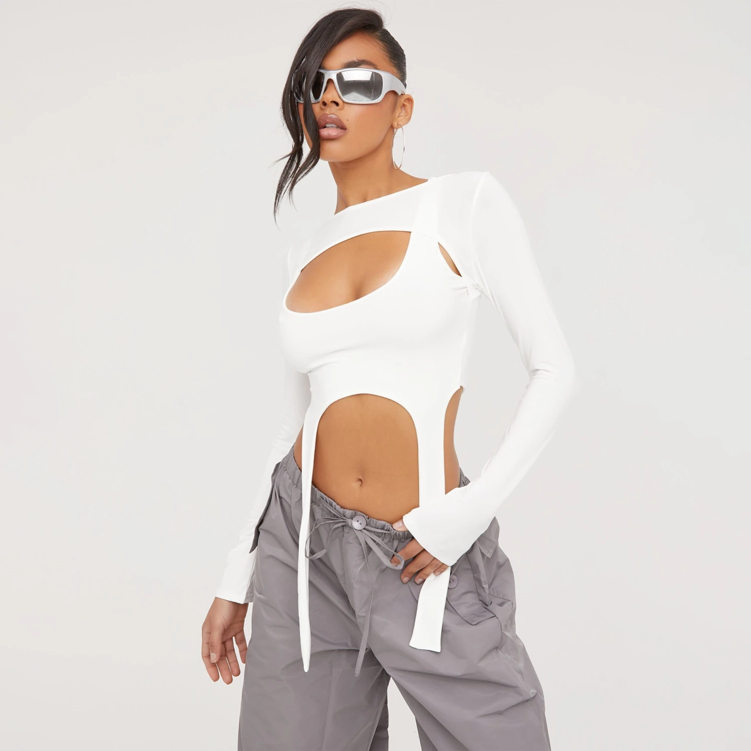 EGO Long Sleeve Double Layered Crop Top In Cream Slinky 3 EGO Long Sleeve Double Layered Crop Top In Cream Slinky