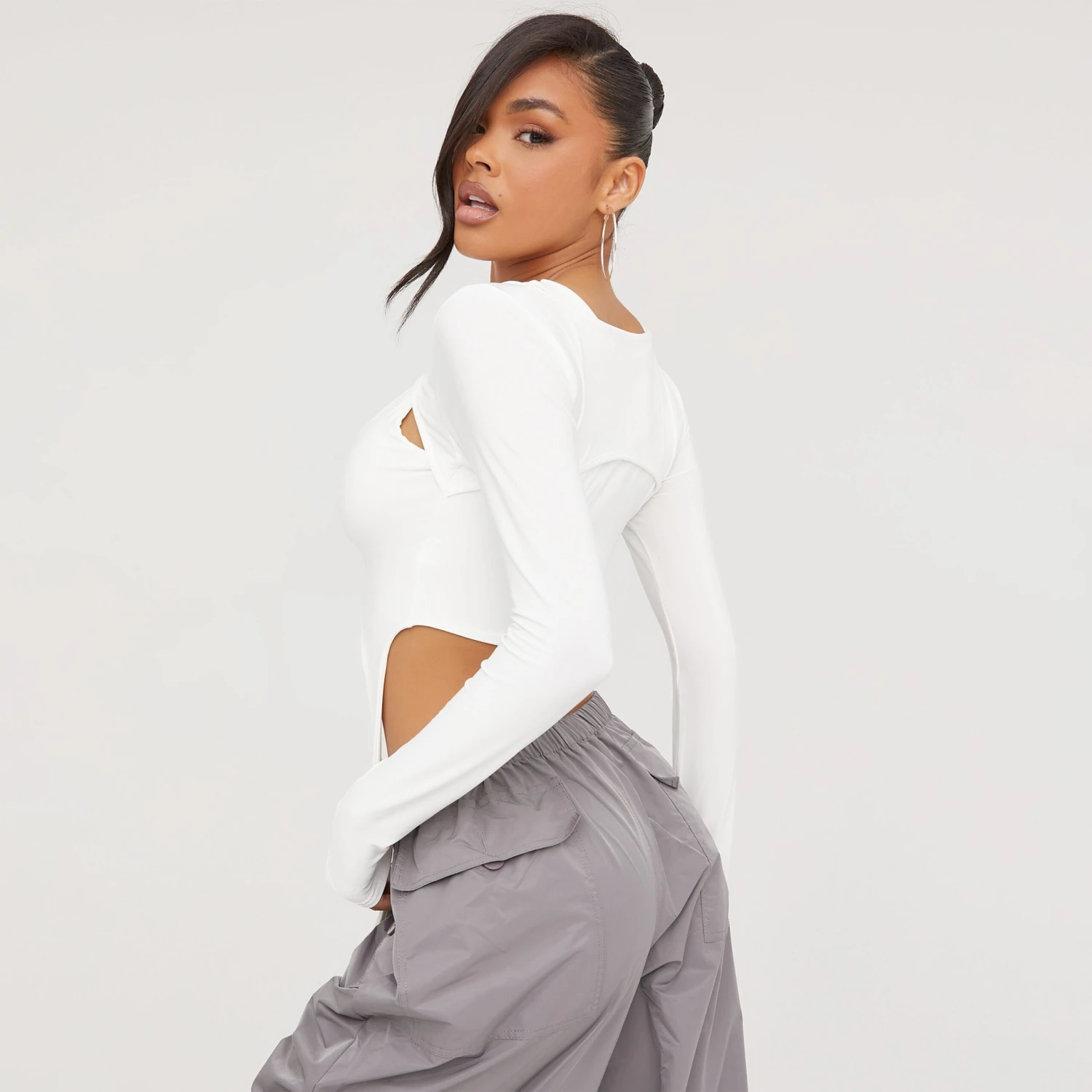 EGO Long Sleeve Double Layered Crop Top In Cream Slinky 5 EGO Long Sleeve Double Layered Crop Top In Cream Slinky - Image 3