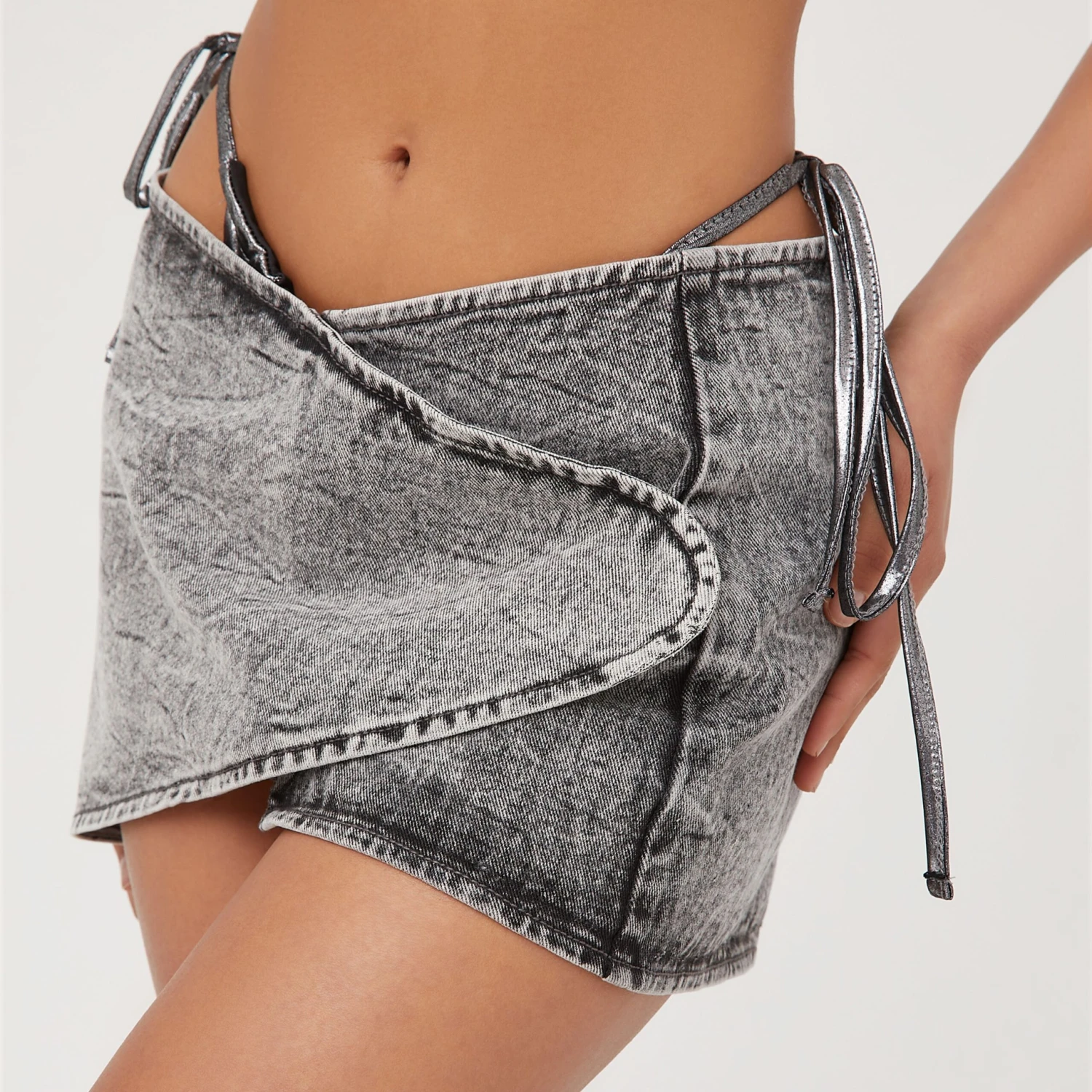EGO Low Rise Wrap Over Detail Mini Skirt In Charcoal Acid Wash Denim 4 EGO Low Rise Wrap Over Detail Mini Skirt In Charcoal Acid Wash Denim - Image 2