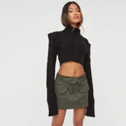 EGO Long Sleeve Turtle Neck Cropped Jumper In Black Cable Knit