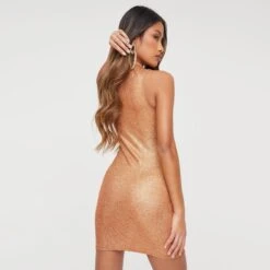 EGO High Neck Sleeveless Mini Bodycon Dress In Bronze Metallic Knit 9 EGO High Neck Sleeveless Mini Bodycon Dress In Bronze Metallic Knit -Sperrryego Store 06 12 22 unya32679 sq