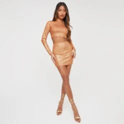 EGO Long Sleeve High Neck Crop Top In Bronze Metallic Knit 8 EGO Long Sleeve High Neck Crop Top In Bronze Metallic Knit -Sperrryego Store 06 12 22 unya32731 sq