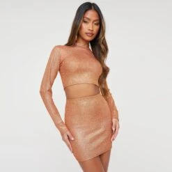 EGO Long Sleeve High Neck Crop Top In Bronze Metallic Knit