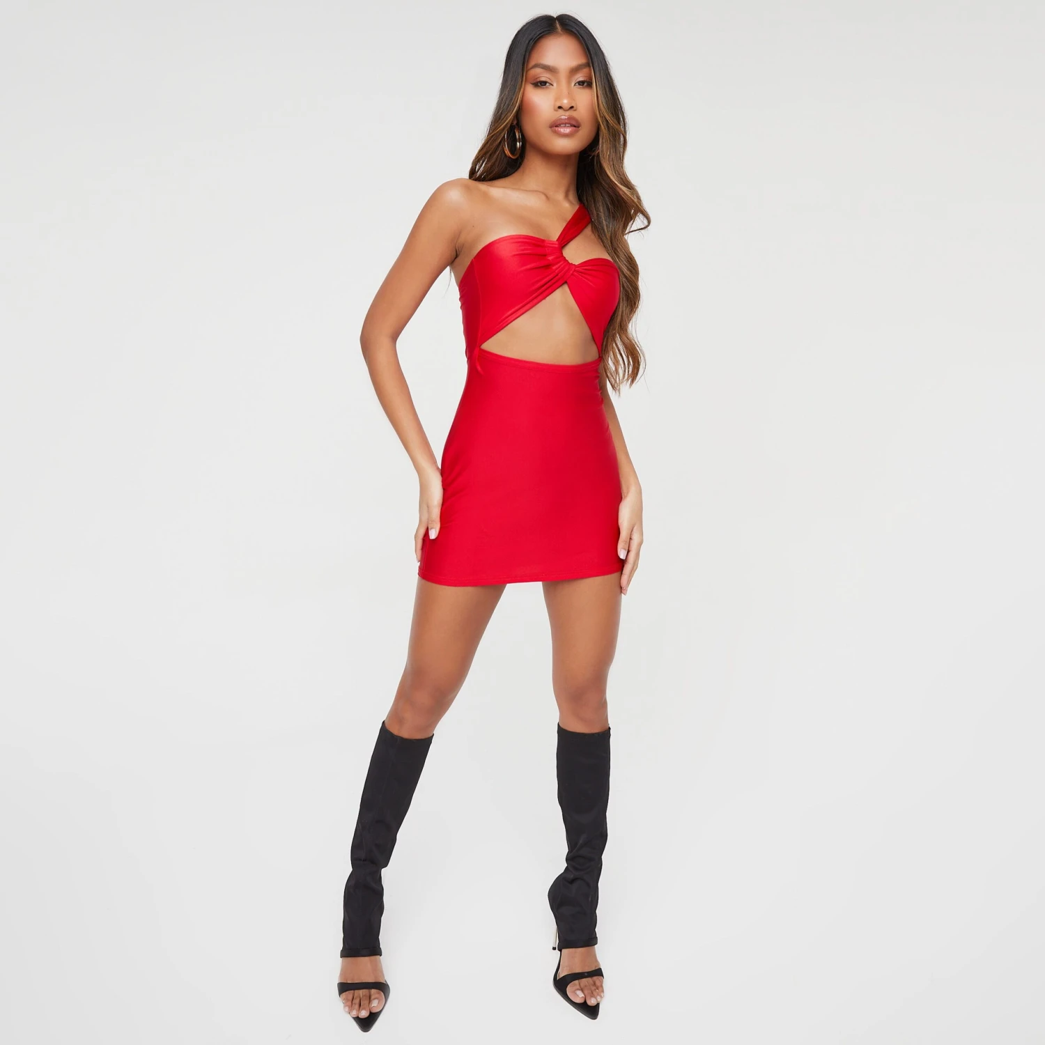 EGO One Shoulder Cut Out Detail Mini Bodycon Dress In Red Slinky 6 EGO One Shoulder Cut Out Detail Mini Bodycon Dress In Red Slinky - Image 4
