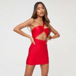 EGO One Shoulder Cut Out Detail Mini Bodycon Dress In Red Slinky