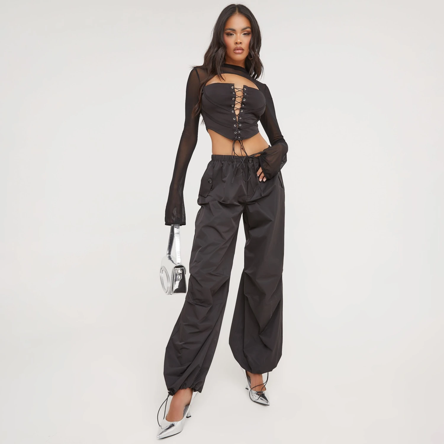 EGO Lace Up Mesh Sleeve Corset Top In Black 6 EGO Lace Up Mesh Sleeve Corset Top In Black - Image 4