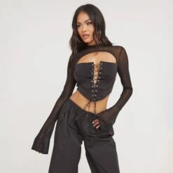 EGO Lace Up Mesh Sleeve Corset Top In Black