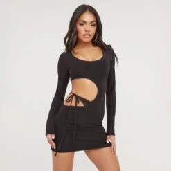 EGO Long Sleeve Cut Out Thong Detail Mini Bodycon Dress In Black Slinky