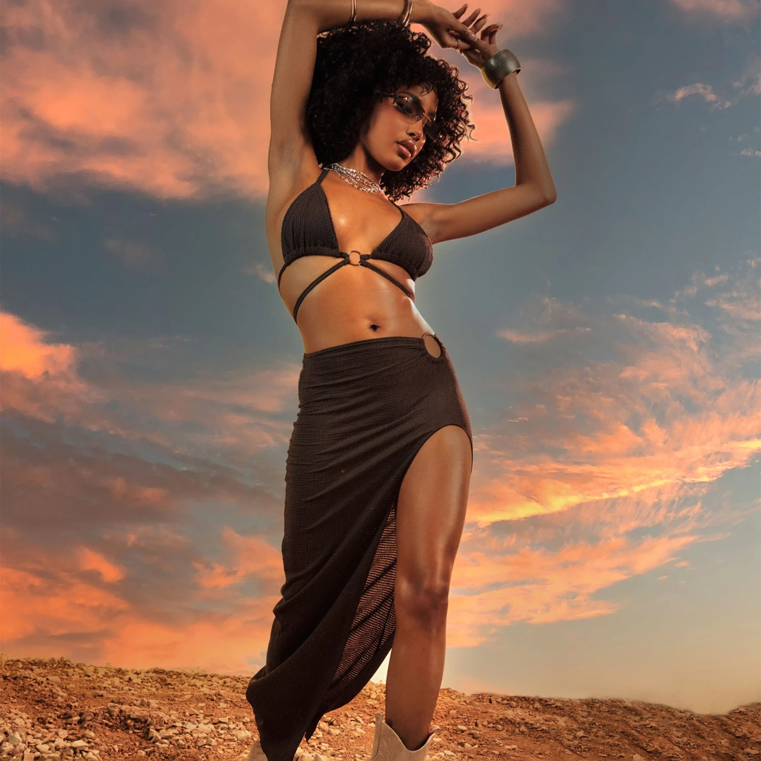 EGO Ring Detail Side Split Maxi Skirt In Brown Textured Fabric 3 EGO Ring Detail Side Split Maxi Skirt In Brown Textured Fabric