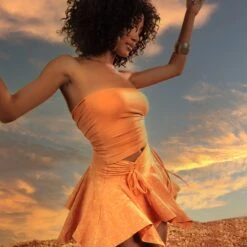 EGO Ruched Dront Detail Dip Hem Mini Skirt In Orange Acid Wash