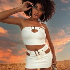 EGO Buckle Front Cut Out Detail Mini Skirt In Cream