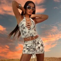 EGO Lace Up Detail Cargo Mini Skirt In Stone Camo Print