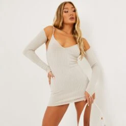 EGO V Neck Sleeve Detail Mini Bodycon Dress In Beige Ribbed 8 EGO V Neck Sleeve Detail Mini Bodycon Dress In Beige Ribbed -Sperrryego Store 07 09 22 bethan16896