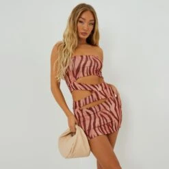 EGO Strapless Cut Out Detail Mini Bodycon Dress In Brown Zebra Slinky
