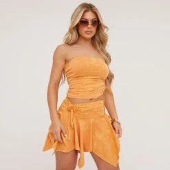 EGO Ruched Dront Detail Dip Hem Mini Skirt In Orange Acid Wash -Sperrryego Store 08 06 23 em m114934 s