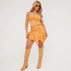 EGO Ruched Dront Detail Dip Hem Mini Skirt In Orange Acid Wash -Sperrryego Store 08 06 23 em m114939 s