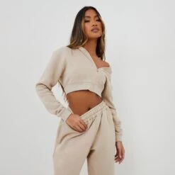 EGO Long Sleeve Oversized Zip Detail Cropped Hoodie In Beige