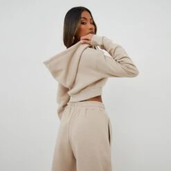 EGO Long Sleeve Oversized Zip Detail Cropped Hoodie In Beige -Sperrryego Store 08 11 22 unya22664 sq