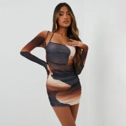 EGO Ruched Detail Halterneck Mini Bodycon Dress With Sleeves In Brown Swirl Ombre Printed Mesh