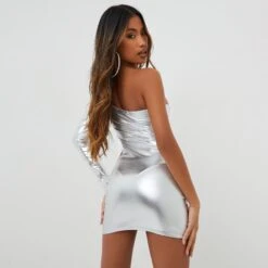 EGO One Sleeve Cut Out Ruched Detail Mini Bodycon Dress In Silver Metallic -Sperrryego Store 08 11 22 unya23150 copy 2