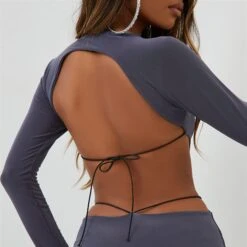 EGO Long Sleeve Backless Thong Detail Mini Bodycon Dress In Charcoal -Sperrryego Store 08 11 22 unya23518 sq