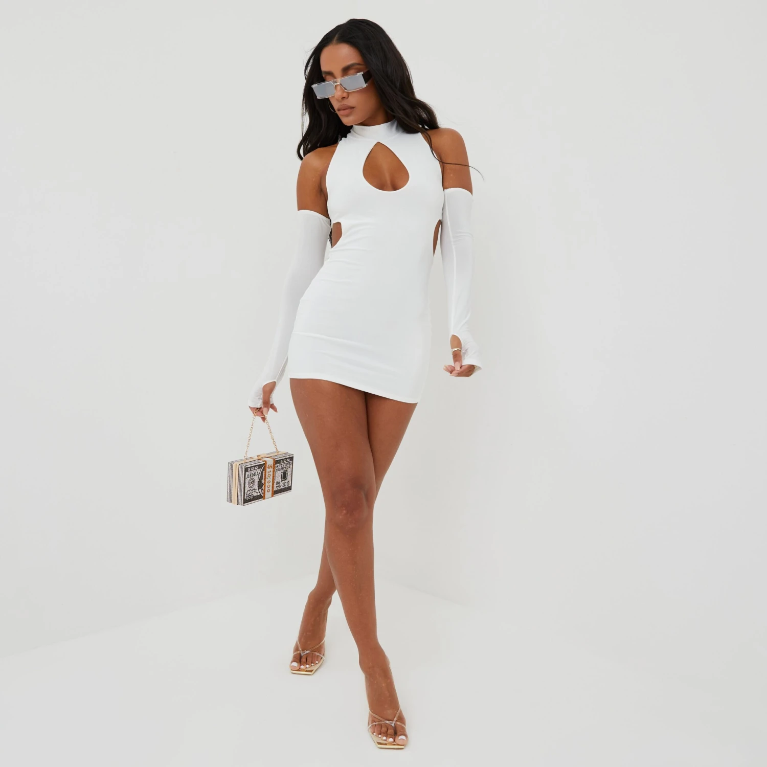 EGO Key Hole Cut Out Mini Bodycon Dress With Sleeves In White 3 EGO Key Hole Cut Out Mini Bodycon Dress With Sleeves In White