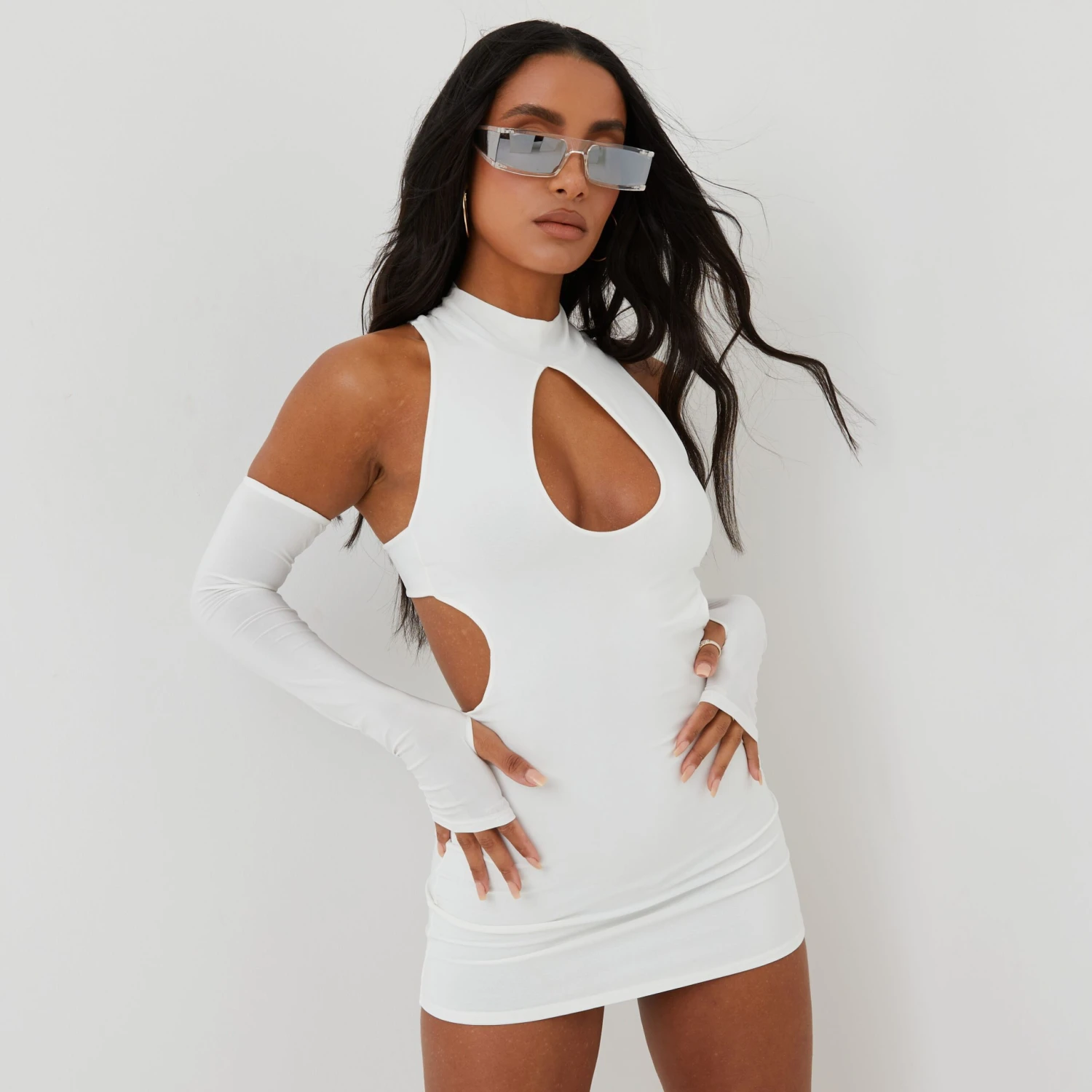 EGO Key Hole Cut Out Mini Bodycon Dress With Sleeves In White 6 EGO Key Hole Cut Out Mini Bodycon Dress With Sleeves In White - Image 4