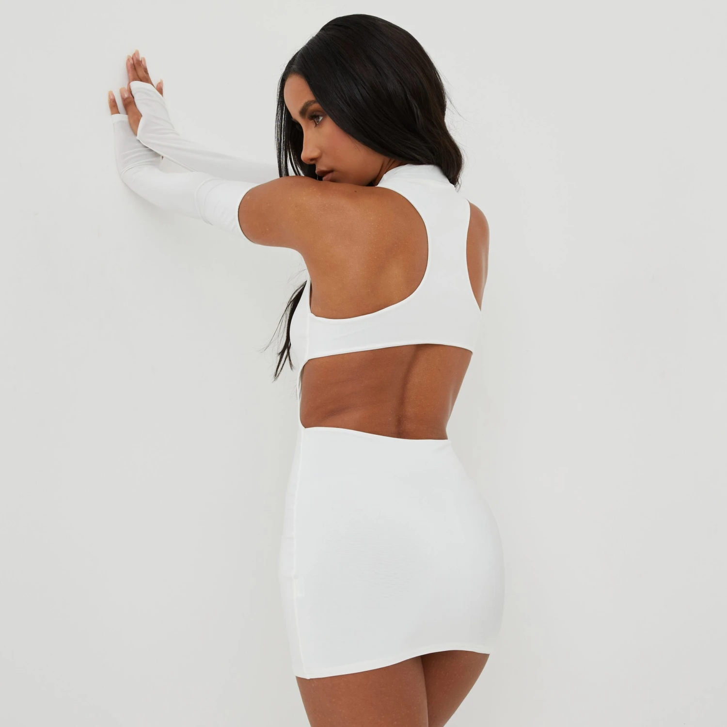 EGO Key Hole Cut Out Mini Bodycon Dress With Sleeves In White 4 EGO Key Hole Cut Out Mini Bodycon Dress With Sleeves In White - Image 2