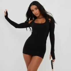 EGO Scooped Neck Double Sleeve Mini Bodycon Dress In Black -Sperrryego Store 09 03 22 ming8686