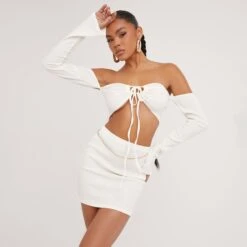 EGO Long Sleeve Bardot Multi Way Textured Bralet In Ivory