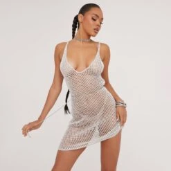 EGO Scoop Plunge Neck Mini Dress In Silver Metallic Crochet Knit