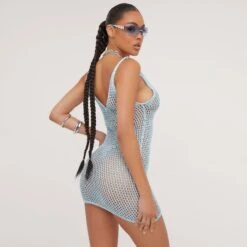 EGO Scoop Plunge Neck Mini Dress In Blue Metallic Crochet Knit -Sperrryego Store 09 05 23 jul95674 s