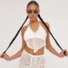 EGO Halterneck Dipped Hem Detail Plunge Crop Top In Cream Crochet Knit