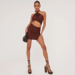 EGO Halterneck Cut Out Detail Split Leg Textured Mini Dress In Brown