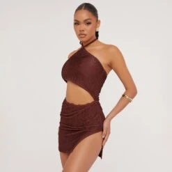 EGO Halterneck Cut Out Detail Split Leg Textured Mini Dress In Brown 8 EGO Halterneck Cut Out Detail Split Leg Textured Mini Dress In Brown -Sperrryego Store 09 05 23 jul95809 s