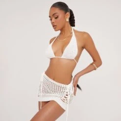 EGO High Waist Lace Up Detail Mini Bodycon Skirt In Cream Crochet Knit -Sperrryego Store 09 05 23 jul95913 s