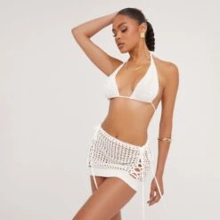EGO Halterneck Bralet In Cream Crochet Knit