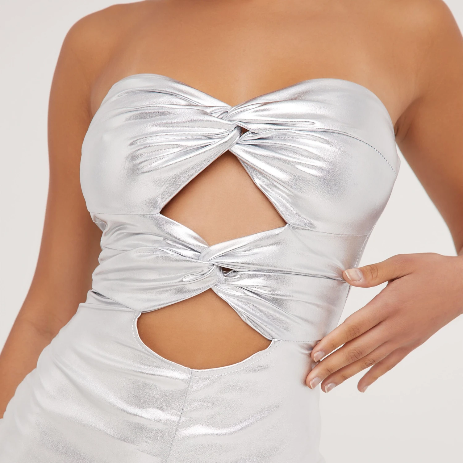 EGO Bandeau Cut Out Twist Front Detail Mini Bodycon Dress In Silver Metallic 4 EGO Bandeau Cut Out Twist Front Detail Mini Bodycon Dress In Silver Metallic - Image 2