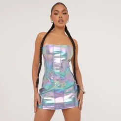 EGO High Waist Structured Detail Mini Bodycon Skirt In Blue Holographic -Sperrryego Store 09 05 23 jul97039 sq