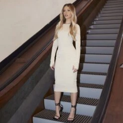 EGO Long Sleeve Seam Detail Midi Bodycon Dress In Cream Ribbed -Sperrryego Store 09 12 22 rott34861 copy